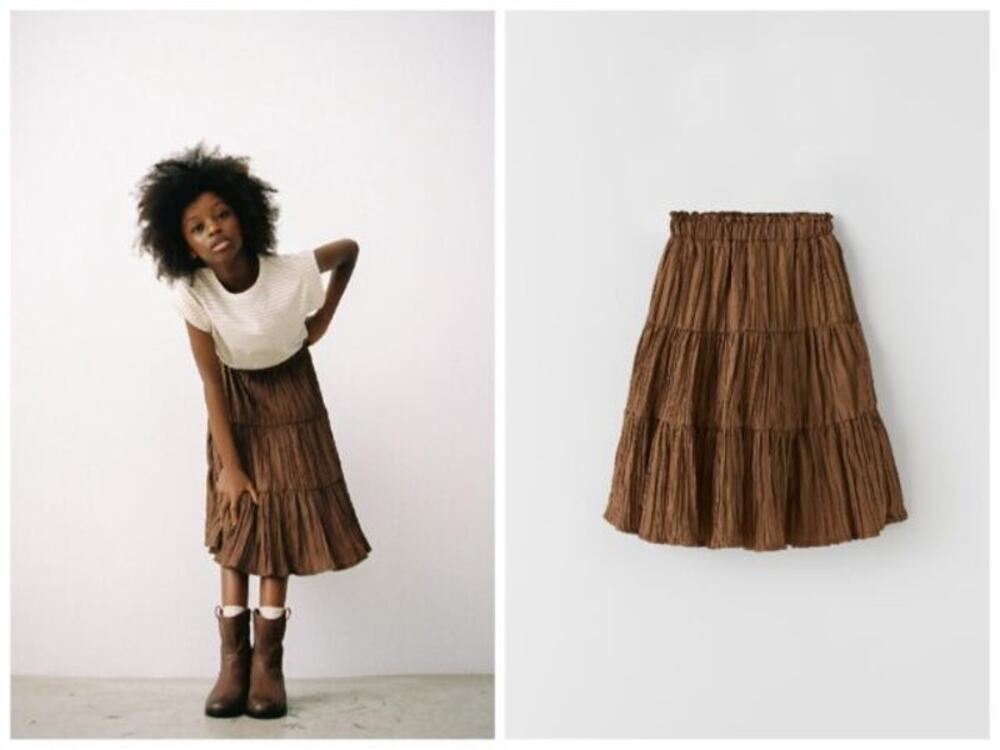 Zara Girls Pleated Midi Tafetta Skirt Toffee Brown size 11/12